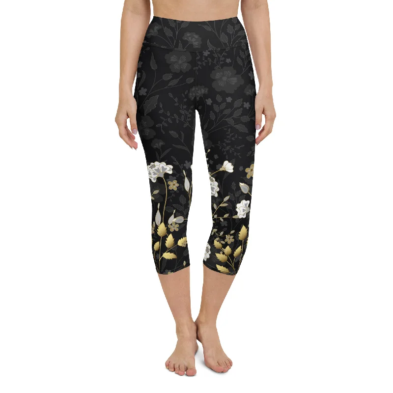 Simple And Comfortable Golden Floral Yoga Capris