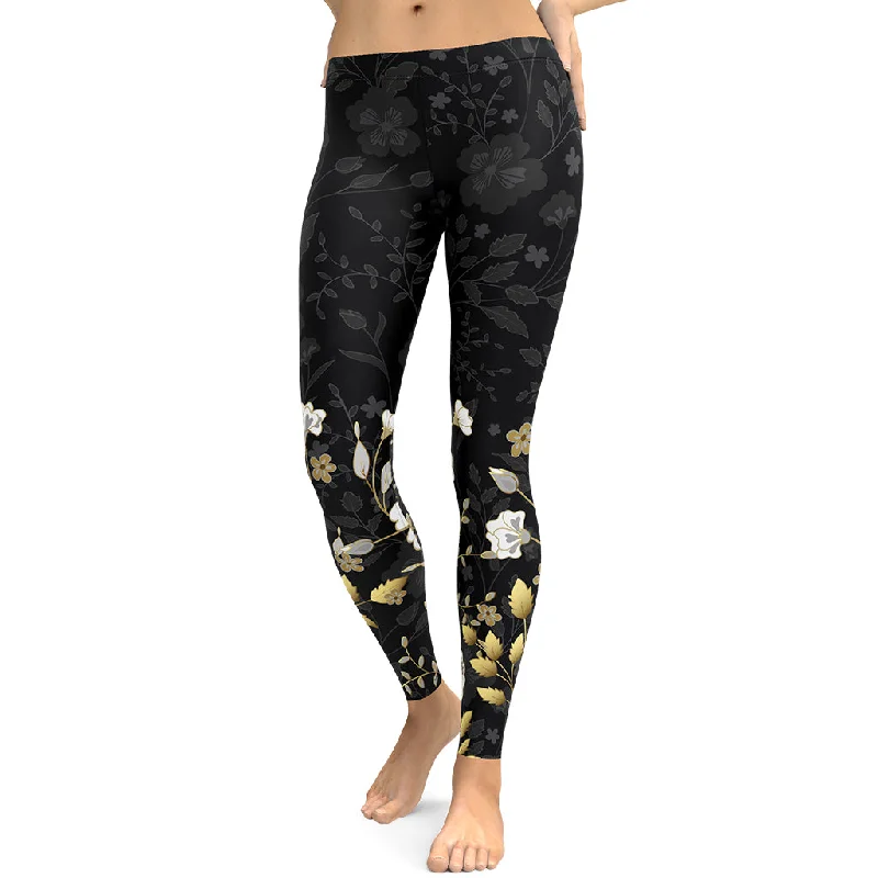 Lively And Youthful Golden Floral Leggings