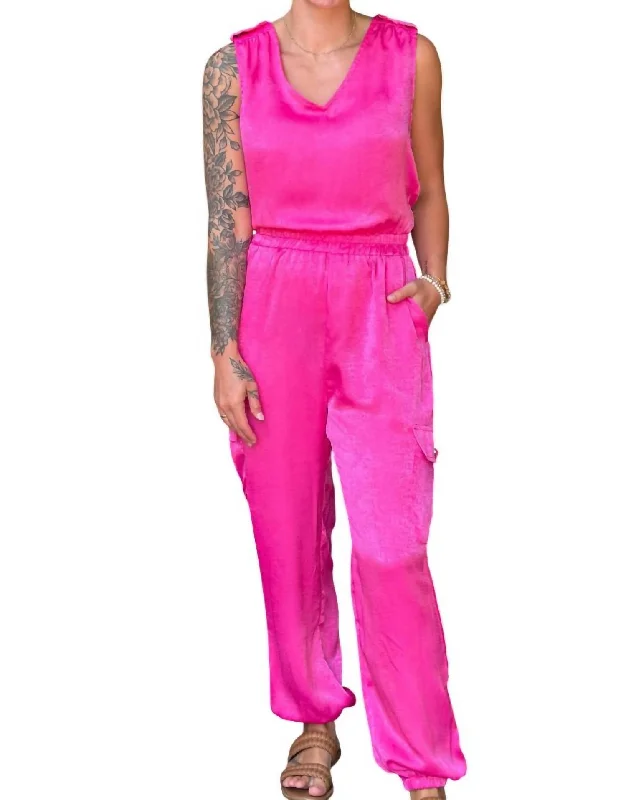 Street Cool Satin Tapped Cargo Jumpsuit In Hot Pink