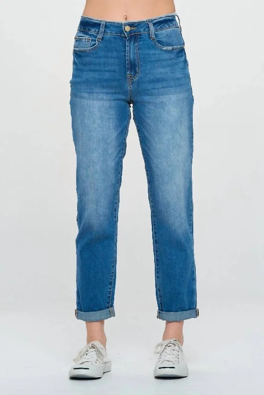 Comfortable And Versatile High Rise Roll Up Boyfriend Jeans In Medium Wash
