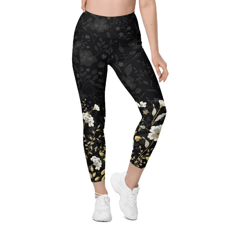 Short Design Golden Floral Leggings With Pockets