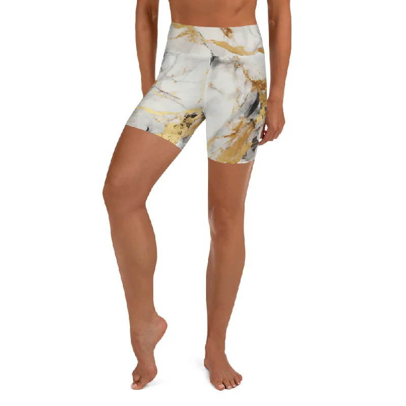 Comfortable Fashion White & Gold Marble Yoga Shorts