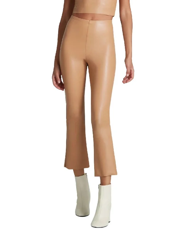 Sports Fashion Faux Leather Crop Flare Legging In Camel