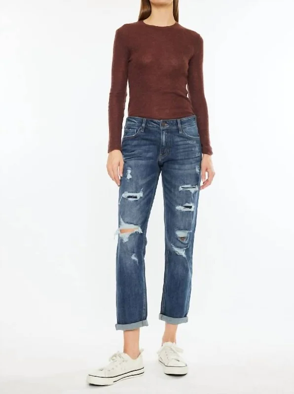 Comfortable And Casual Mid Rise Boyfriend Jean In Dark Wash