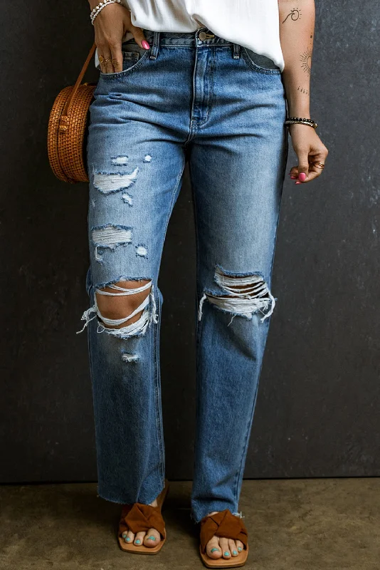 Easygoing Style Distressed Raw Hem Jeans with Pockets