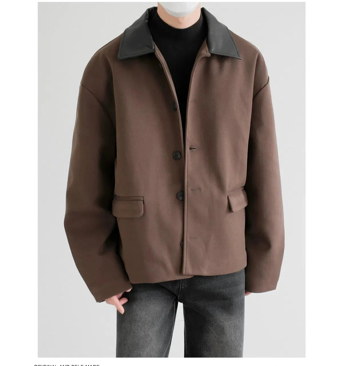 Design And Tailoring Spliced Leather Collar Short Woolen Jacket