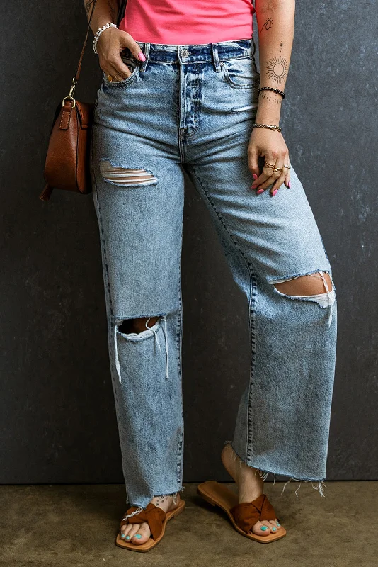 Smart Comfort Distressed Raw Hem Straight Jeans