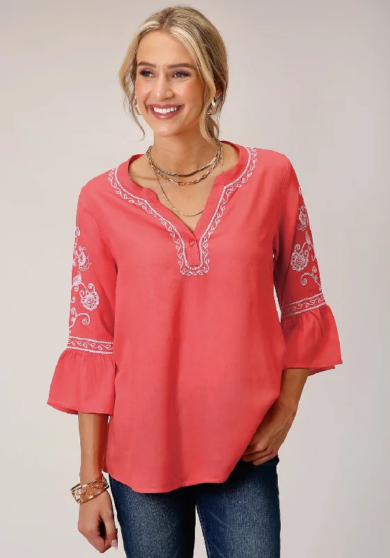 Comfortable Jeans Roper Womens Orange Rayon/Nylon L/S Shirt