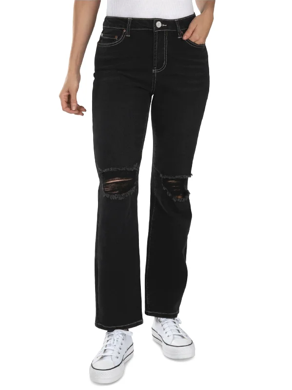 Lace Design Women's Ripped Washed Jeans,Black