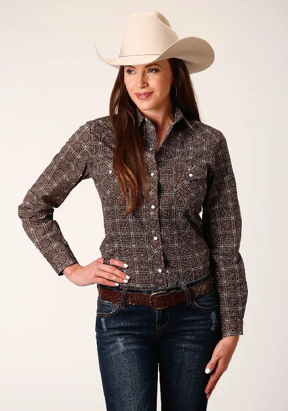 Soft Trends Roper Womens Retro Print Brown Cotton Blend L/S Shirt