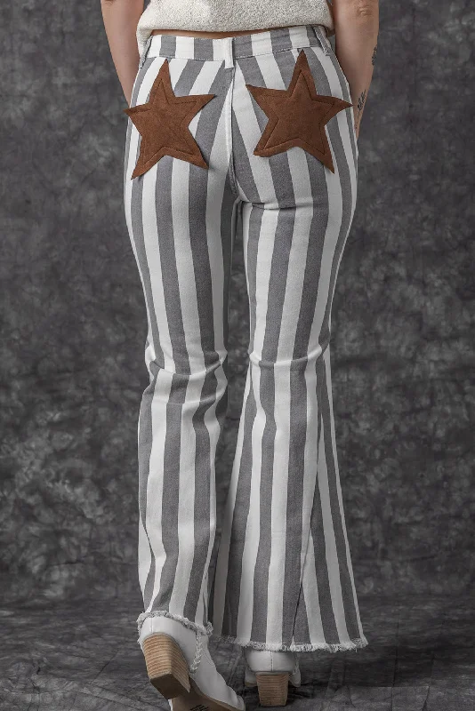 Effortless Style Raw Hem Star Applique Striped Jeans