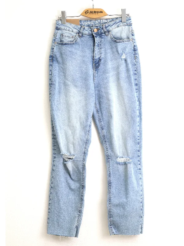 Cozy Chic Women's Ripped Washed Mom Jeans,Light Blue