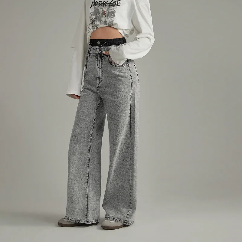 Exquisite Details Washed Wide Denim Jeans
