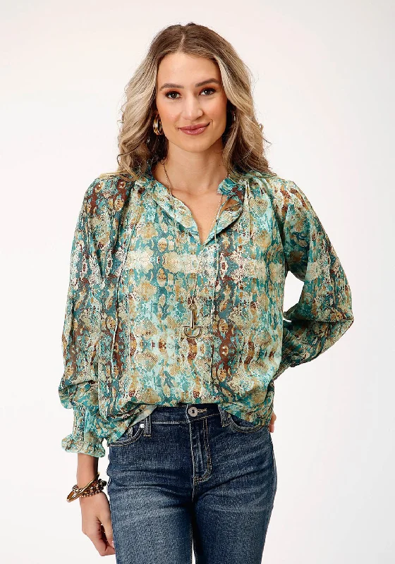 Breathable Style Roper Womens Snake Print Green Polyester 3/4 Sleeve L/S Blouse