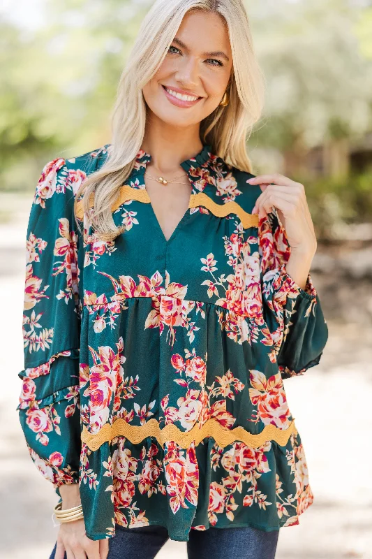 Casual Comfort Everyday Joy Hunter Green Floral Blouse