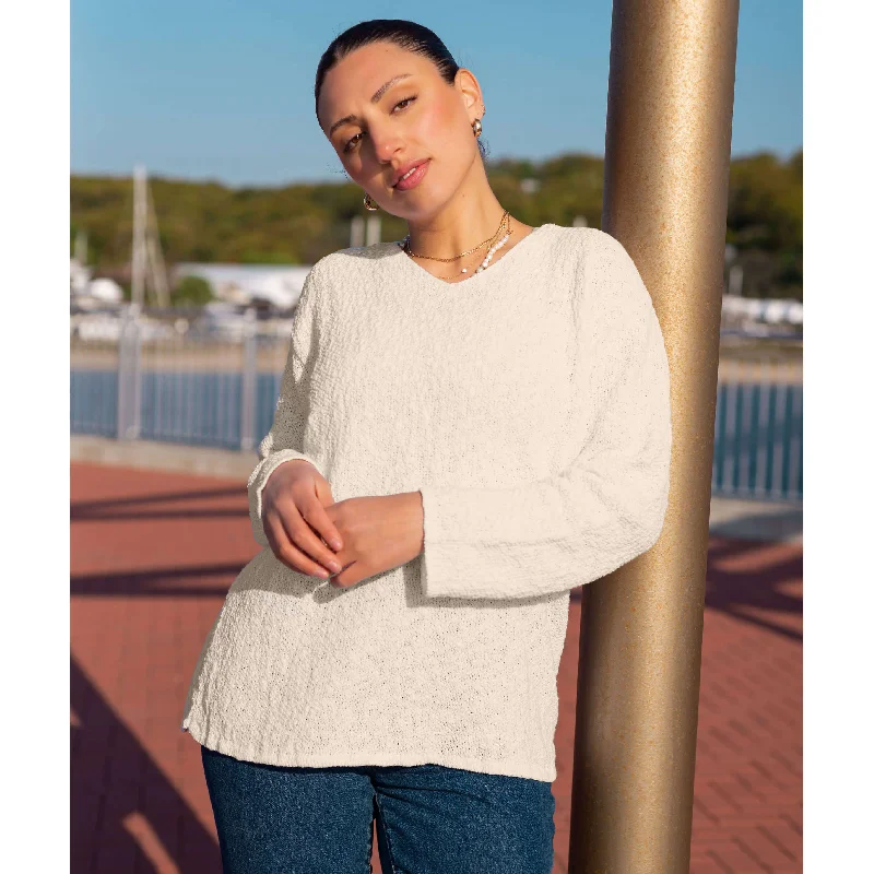 Comfy Layers Avalin V-Neck Scramble Stitch Sweater - Cream