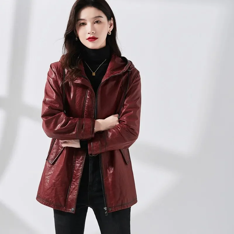 Elegant Style Women's Vintage Style Real Sheepskin Hooded Zipper Windbreaker Coat