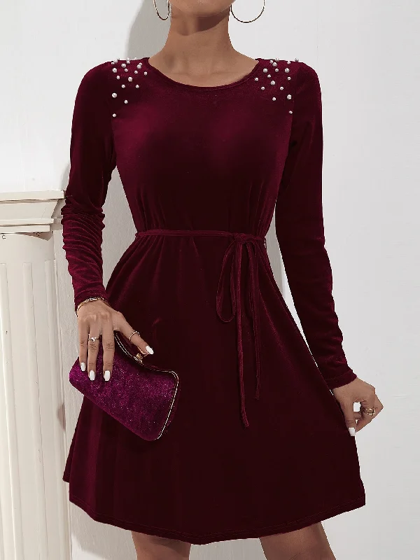 Weekend Comfort Wear Plain Belted Long Sleeve Round Neck Flared High Waist Short Dress