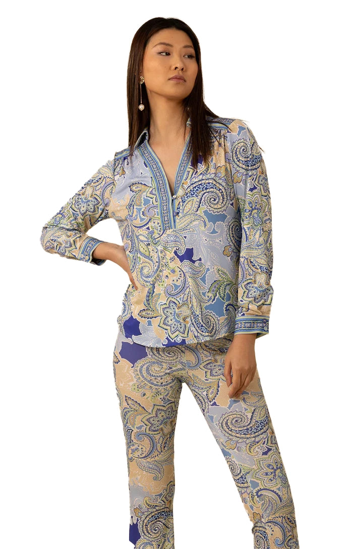 Soft Layers Hale Bob Anya V-Neck Long Sleeve Top - Blue