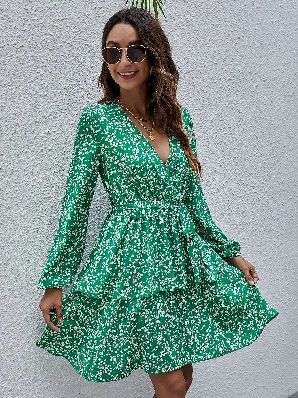 Easy Chic Ditsy Floral Belted Long Sleeve V Neck Layered/Tiered High Waist Short Dress Easy Chic Ditsy Floral Belted Long Sleeve V Neck Layered/Tiered High Waist Short Dress