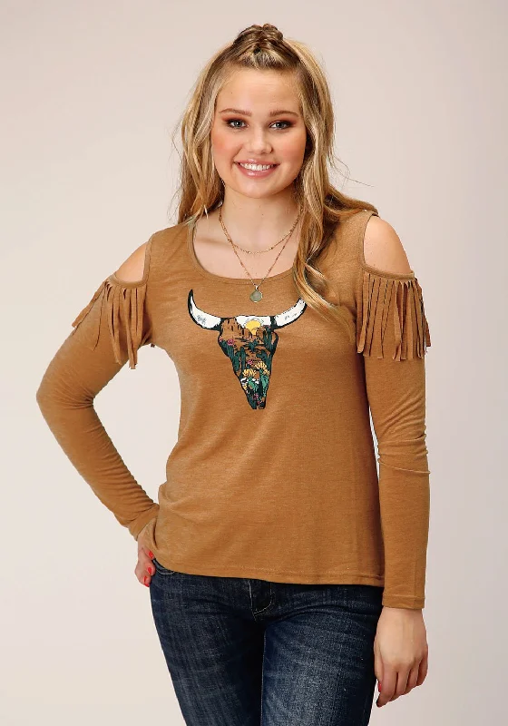 Soft Textures Roper Womens Longhorn Skull Tobacco Poly/Rayon L/S Tunic