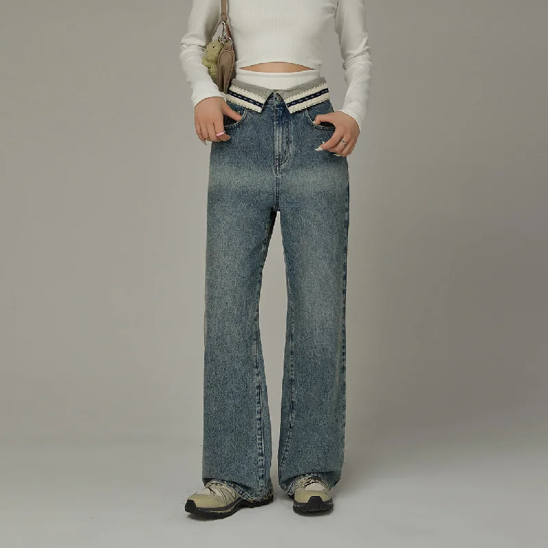 Daily Comfort Color Matching Folded Waist Wide Denim Jeans