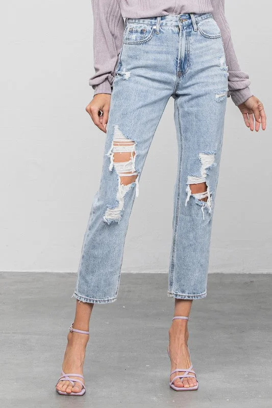 Sports Style High Rise Ripped Girlfriend Jeans