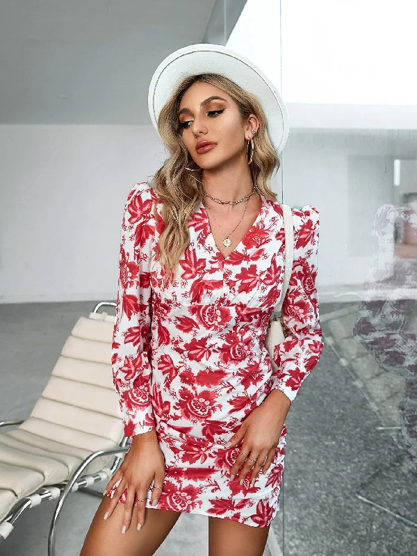 Relaxed Tops Floral Long Sleeve V Neck Pencil High Waist Short Dress
