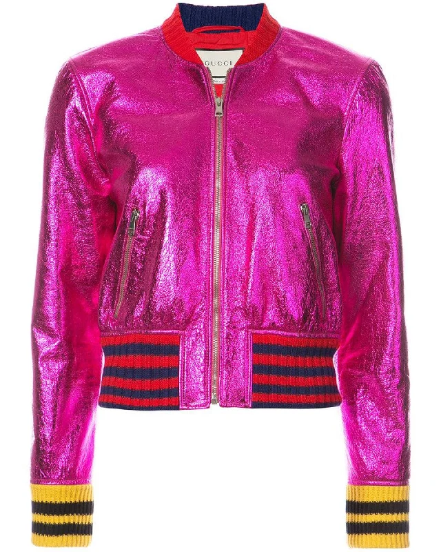 Soft Relaxation Wear Gucci Metallic Leather Bomber Jacket with Knit Stripe Detailing Soft Relaxation Wear Gucci Metallic Leather Bomber Jacket with Knit Stripe Detailing