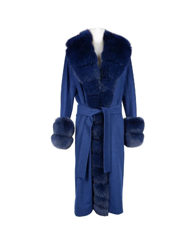 Knitted Design Made in Italy Wool coat with fox fur collar and ribbon belt
