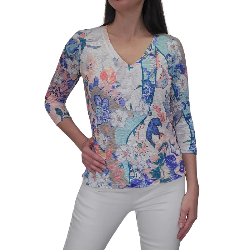 Simple Comfort David Cline 3/4 Sleeve V-Neck Split Hem Top - Pool
