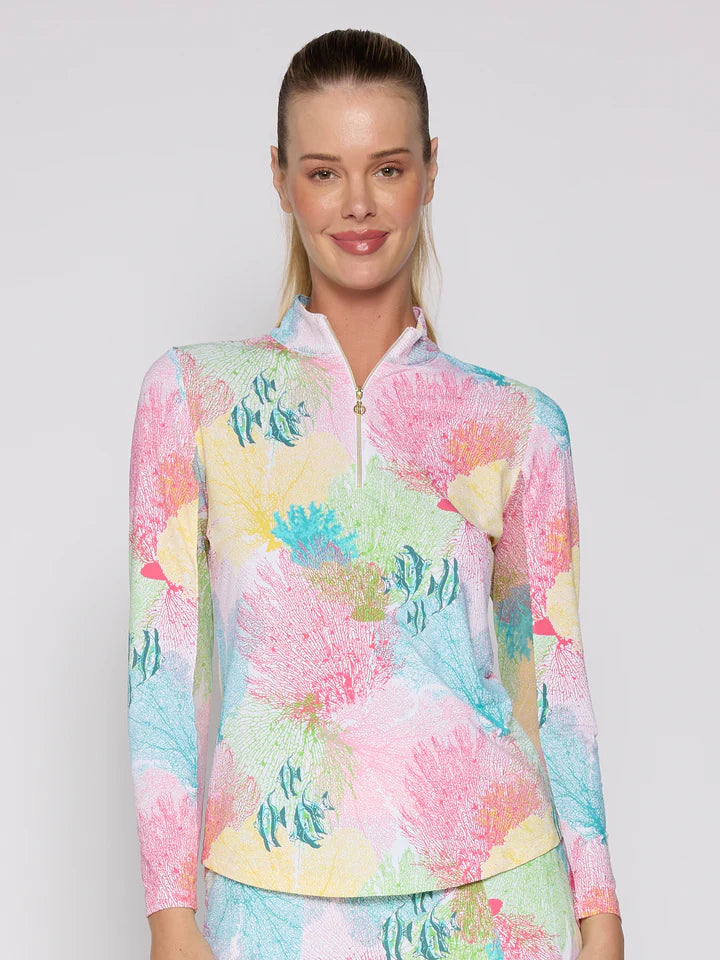 Comfortable Sweaters G Lifestyle Long Sleeve Print Zip Mock Neck Top - Multi Coral