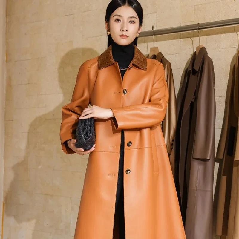 Elegant And Lazy Women's Real Sheepskin Double-Sided Single-Breasted Long Trench Coat
