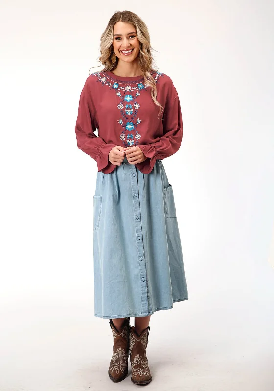 Light Comfort Roper Womens Boat Neckline Barn Red 100% Rayon L/S Blouse