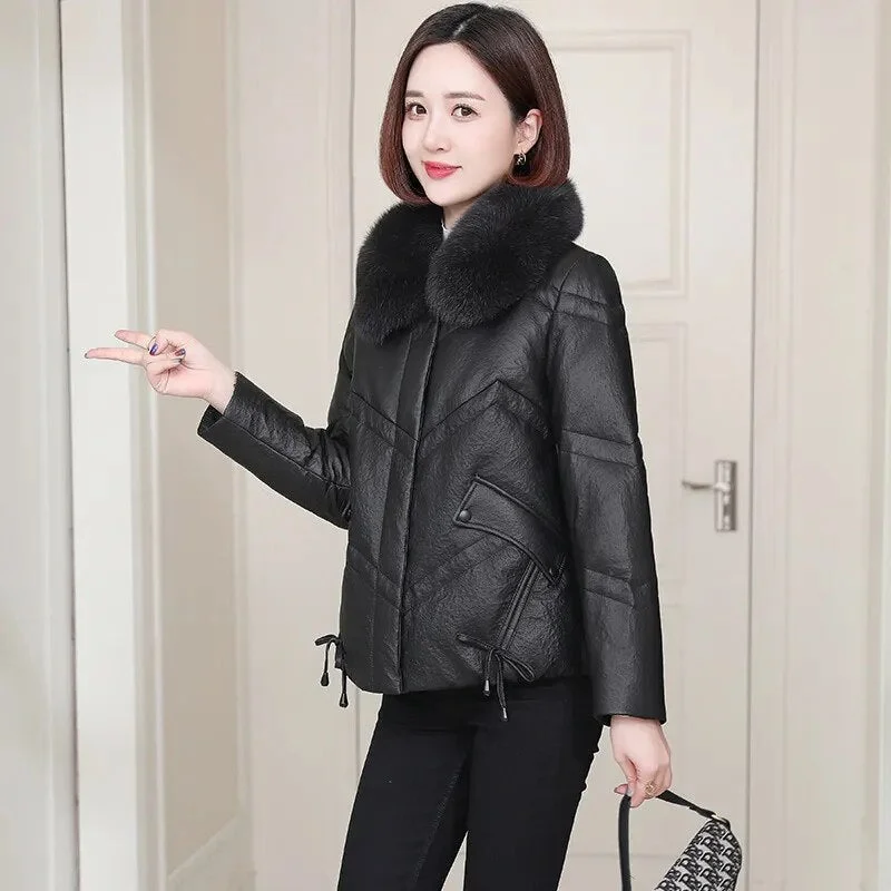 Simple Style Women’s Genuine Leather Down Fox Fur Collar Zipper Winter Coat