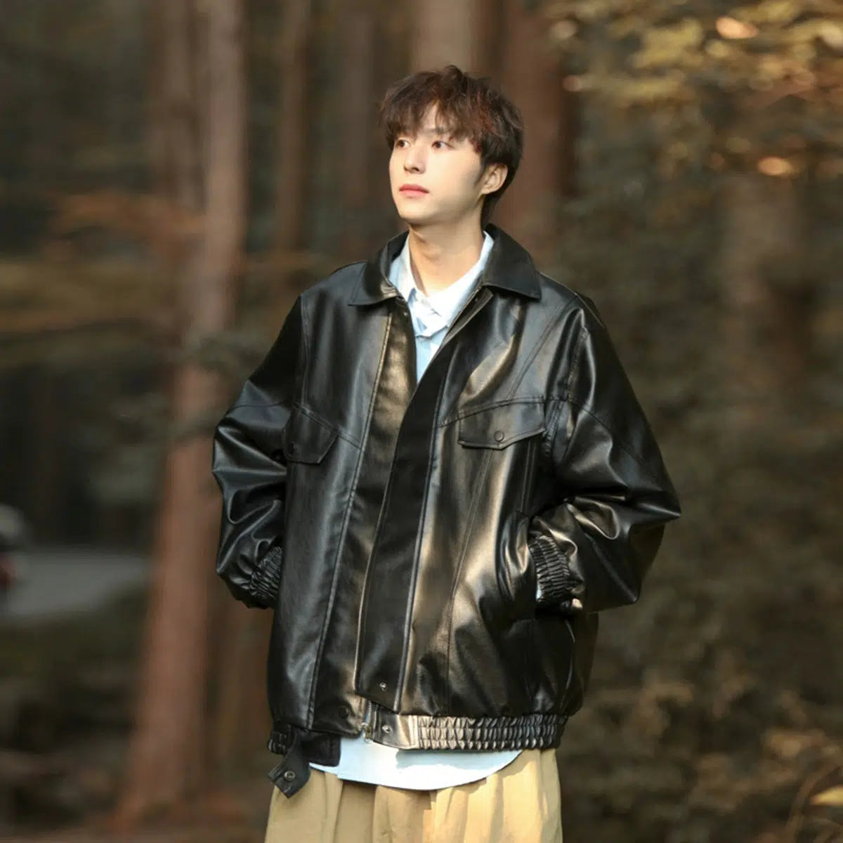 Playful Style Elastic Cuffs Leather Jacket