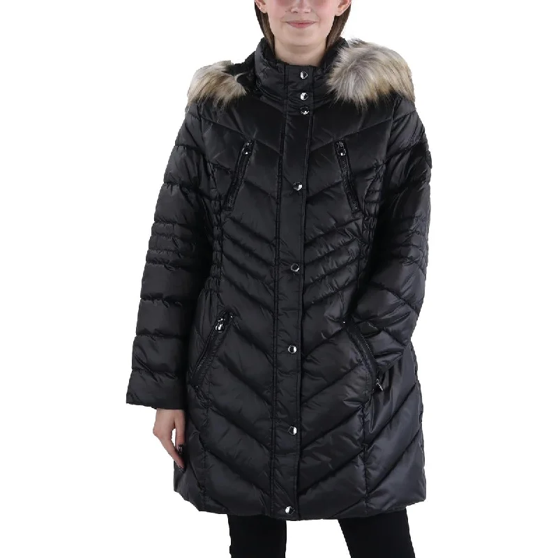 Unique Design Laundry by Shelli Segal Womens Plus Faux Fur Trim Hooded Puffer Jacket