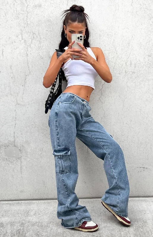 Fashion Touch Oliver Mid Wash Low Waist Wide Leg Jeans