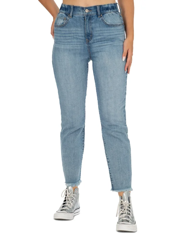 Goddess Outfit Women's Washed Frayed Mom Jeans,Blue