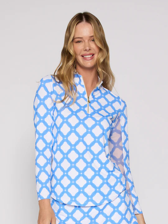 Trendy Looks G Lifestyle Long Sleeve Print Zip Mock Neck Top - Circle Geo Bt.Peri