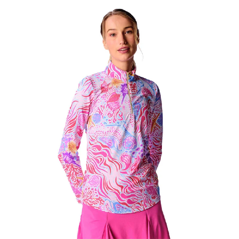 Weekend Comfort G Lifestyle Long Sleeve Print Zip Mock Neck Top - Pink Sea Wave