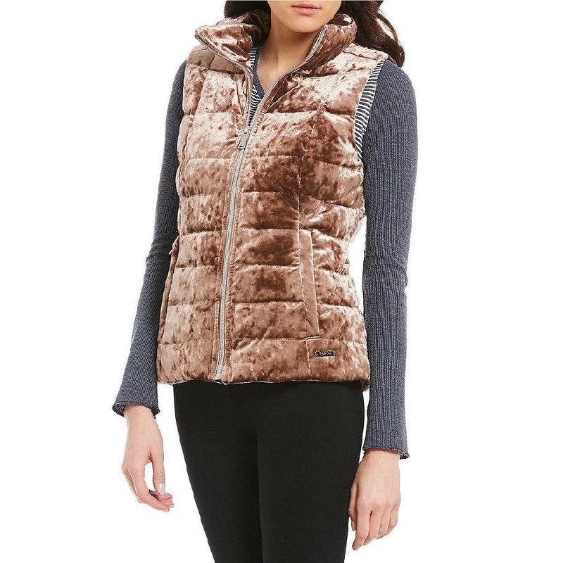 Embroidered Letters Calvin Klein Performance Women's Crushed Velvet Mock Neck Down Vest Bare Size Medium