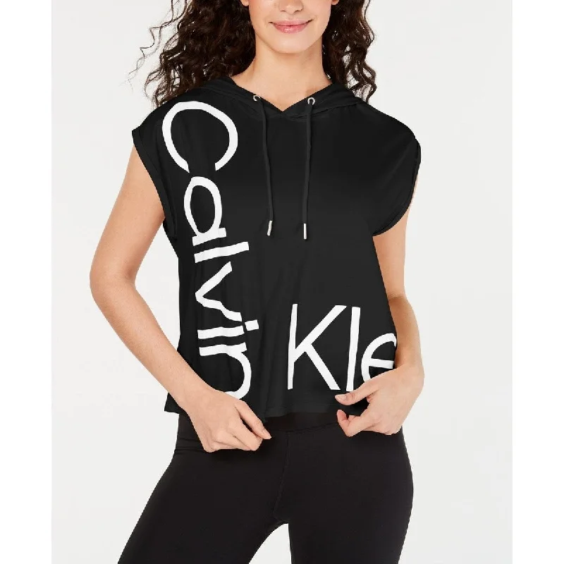 Celebrity Picks Calvin Klein Women's Logo Sleeveless Cropped Hoodie Black Size Large