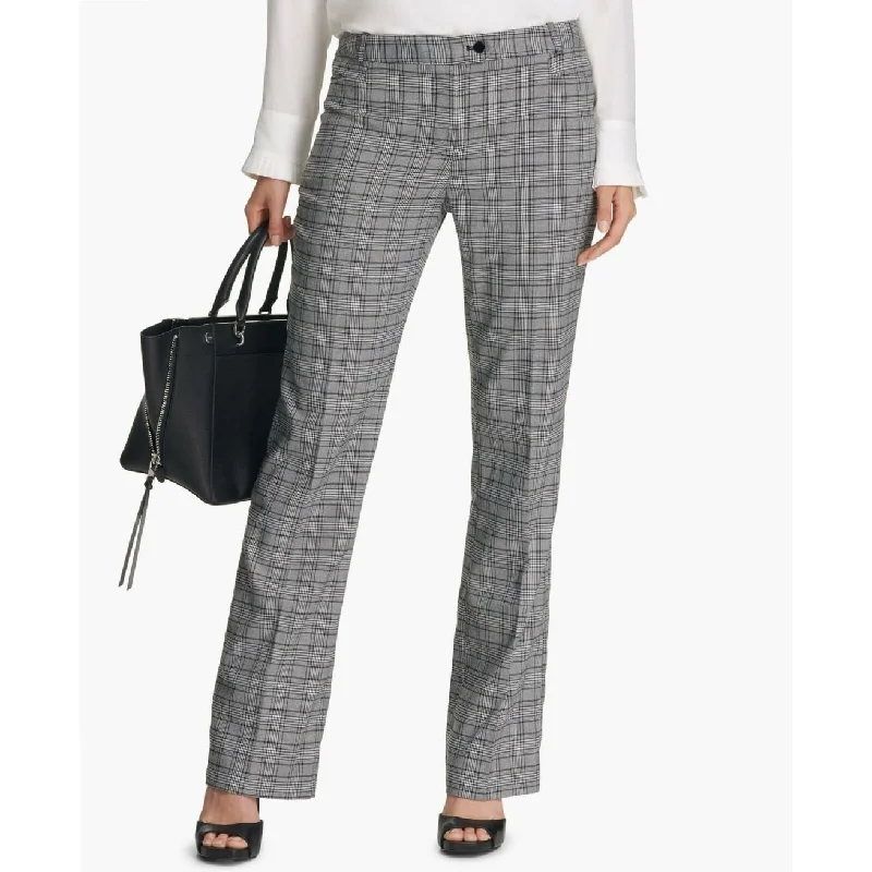 Soft Feel Calvin Klein Women's Plaid Trousers Pants Straight-Leg Black White Size 16 - Silver