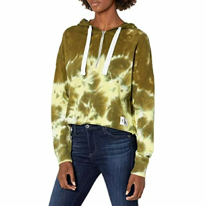 Celebrity Style Calvin Klein Women's Tie Dye Cropped Hooded Sweatshirt Green Size XL - X-Large