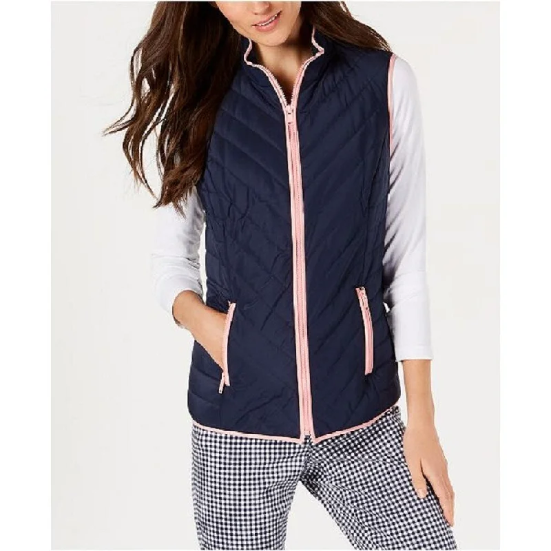 Breezy Outfits Charter Club Women's Contrast-Trim Zip-Front Vest Intrepid Blue Size Small - Navy