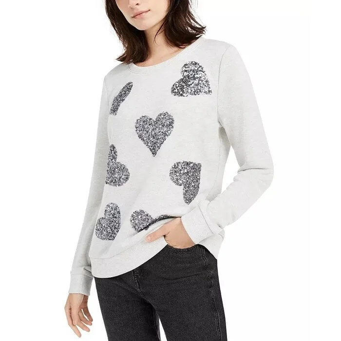 Summer Selection INC International Concepts Women's Sequin Heart Sweatshirt Silver Size Small