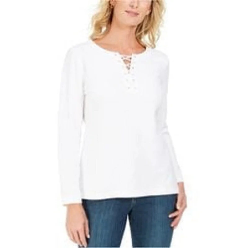 Knitted Design Karen Scott Women's Lace-Up French Terry Sweatshirt White Size X-Large Knitted Design Karen Scott Women's Lace-Up French Terry Sweatshirt White Size X-Large