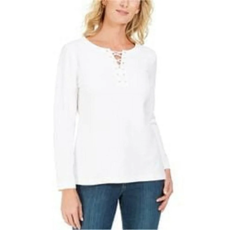 Easygoing Style Karen Scott Women's Lace-Up French Terry Sweatshirt White Size X-Small