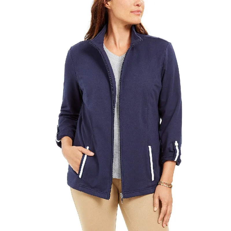 Retro Design Karen Scott Women's Sport French Terry Ribbon-Trim Jacket Navy Size Extra Large - XL